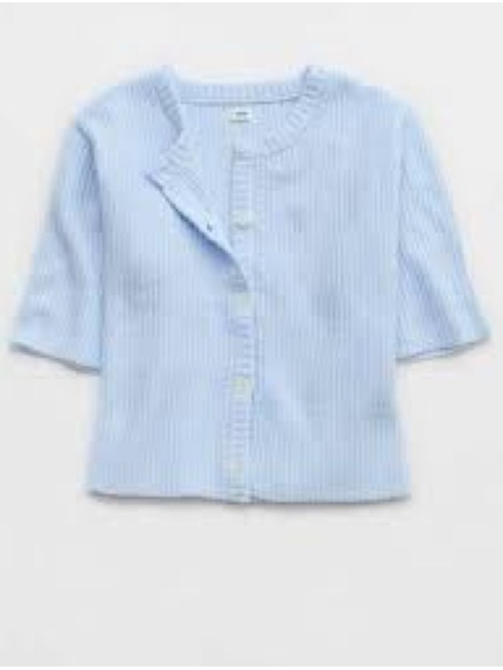 aerie Unreal Ribbed Short-Sleeve Button Front Cardigan in a light blue - Picture 4 of 10